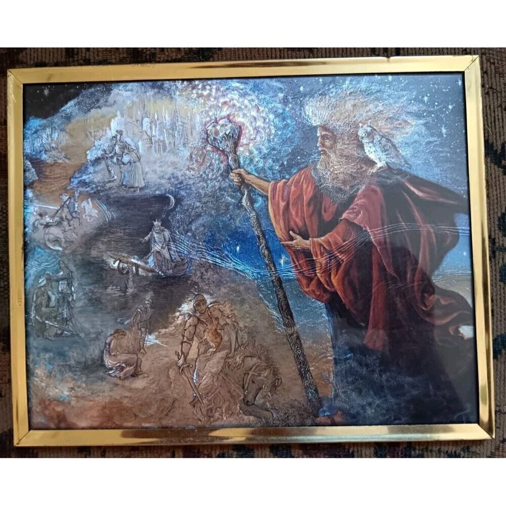 Vintage 90's Foil Art Print Wizard Fantasy MERLIN Framed Art
